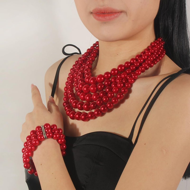 KOSMOS-LI Multi Layer Pearl Strand Necklace Bracelet And Earring Faux Red Pearl Jewelry Set For Women - Image 2